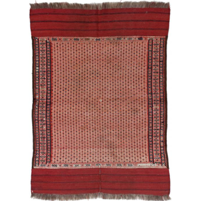 Handvävd kelim med röd kant, geometriskt mönster i helhet, bård, platt vävd utan lugg.